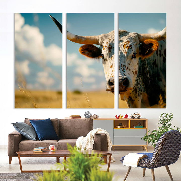 Texas Cow Longhorn Wall Art Canvas Print for Farm House Wall Decor, Farmhouse Wall Art Print