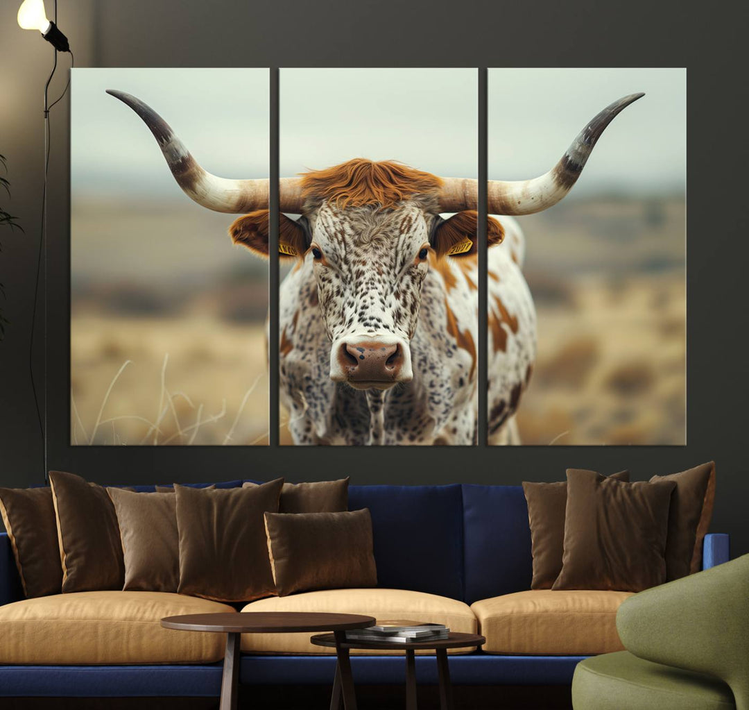 Texas Cow Longhorn Wall Art Canvas Print for Farm House Wall Decor, Farmhouse Wall Art Print