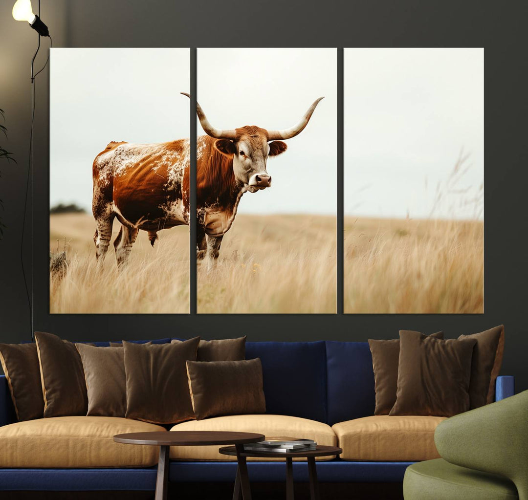 Texas Cow Longhorn Wall Art Canvas Print for Farm House Wall Decor, Farmhouse Wall Art Print