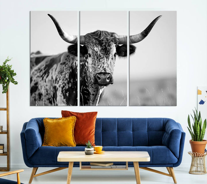 Texas Cow Longhorn Wall Art Canvas Print for Farm House Wall Decor, Farmhouse Wall Art Print