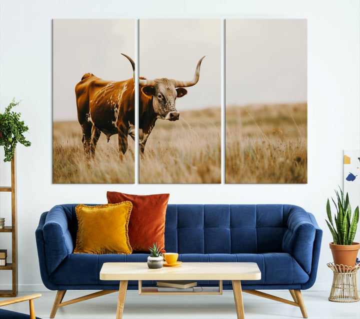 Texas Cow Longhorn Wall Art Canvas Print for Farm House Wall Decor, Farmhouse Wall Art Print