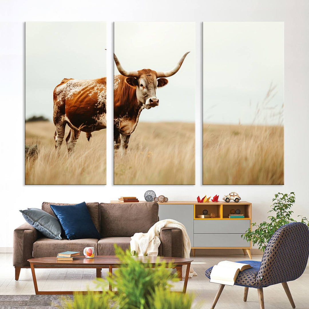 Texas Cow Longhorn Wall Art Canvas Print for Farm House Wall Decor, Farmhouse Wall Art Print