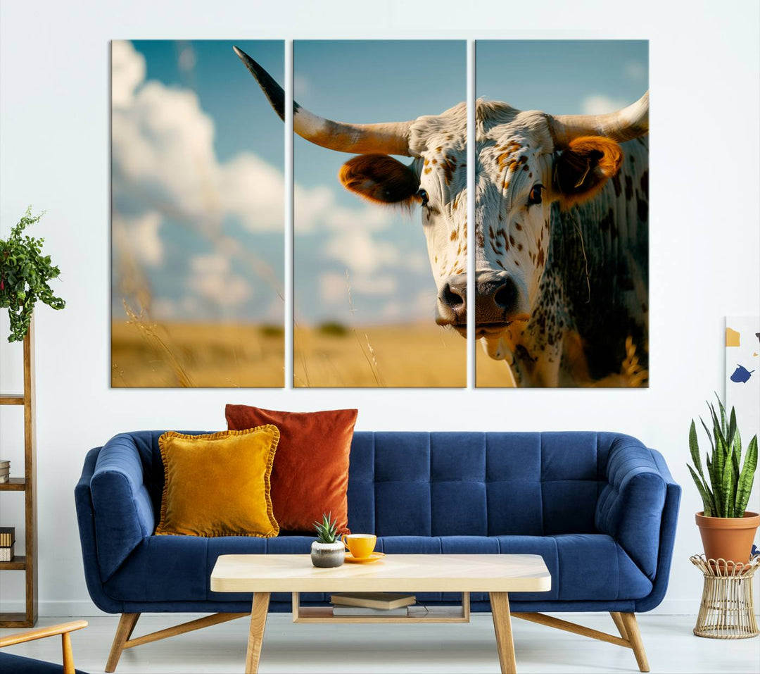 Texas Cow Longhorn Wall Art Canvas Print for Farm House Wall Decor, Farmhouse Wall Art Print