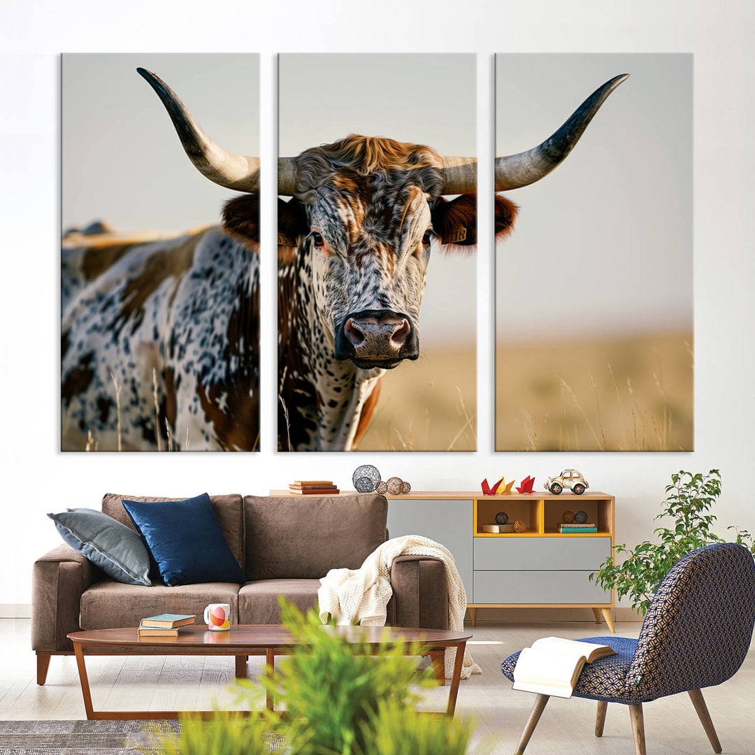 Texas Cow Longhorn Wall Art Canvas Print for Farm House Wall Decor, Farmhouse Wall Art Print