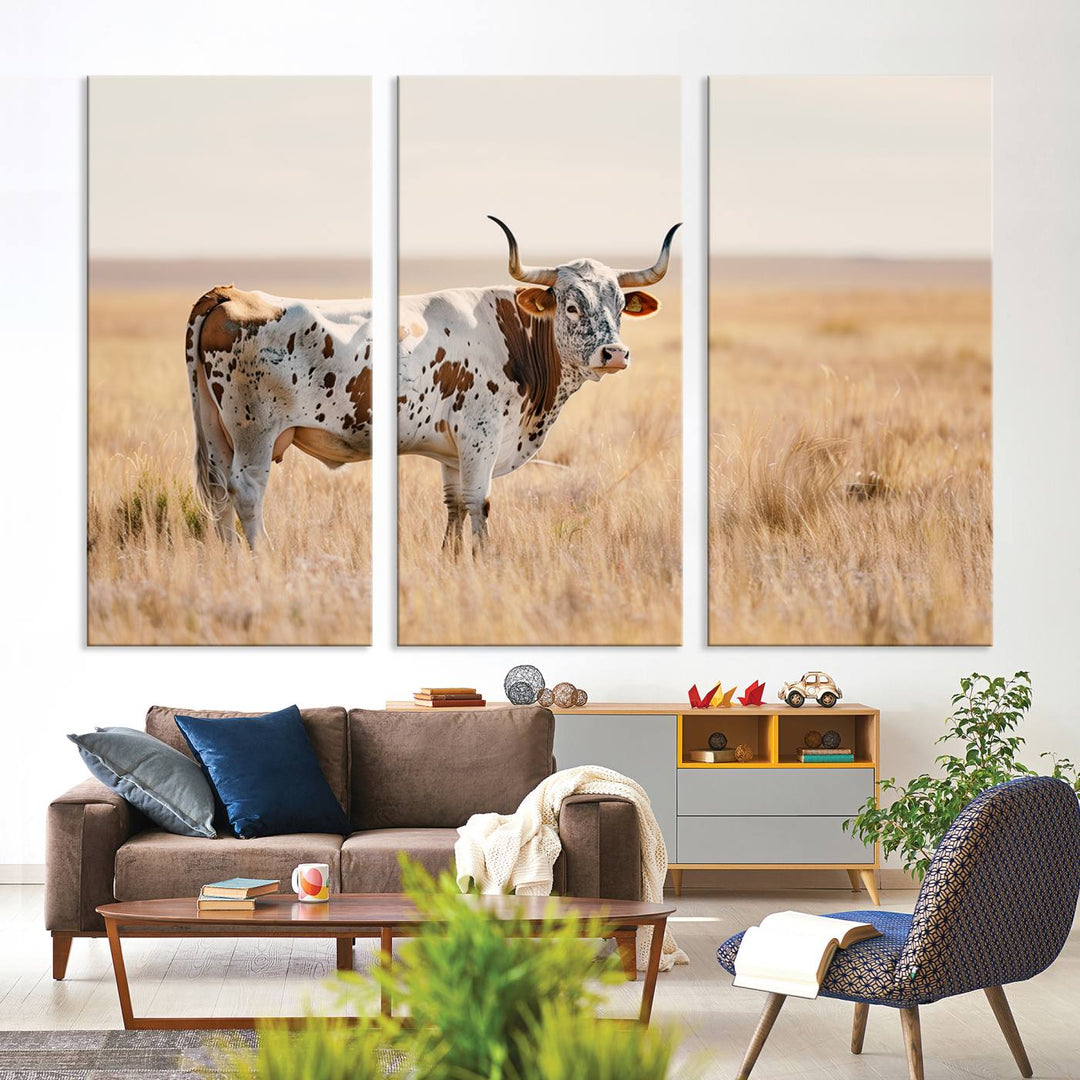 Texas Cow Longhorn Wall Art Canvas Print for Farm House Wall Decor, Farmhouse Wall Art Print