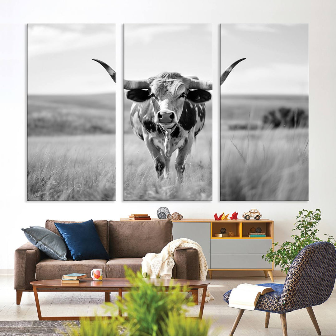 Texas Cow Longhorn Wall Art Canvas Print for Farm House Wall Decor, Farmhouse Wall Art Print