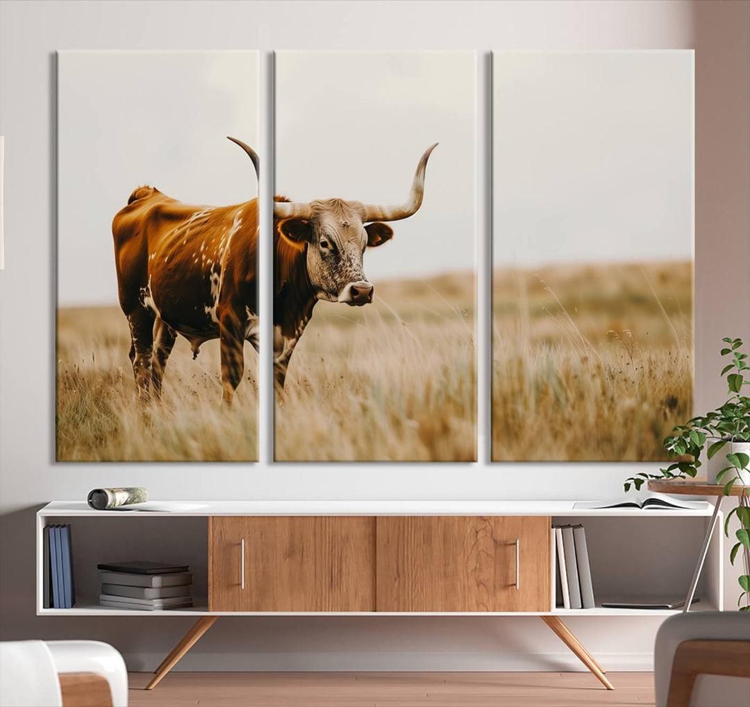 Texas Cow Longhorn Wall Art Canvas Print for Farm House Wall Decor, Farmhouse Wall Art Print