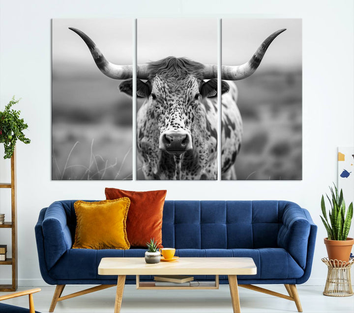 Texas Cow Longhorn Wall Art Canvas Print for Farm House Wall Decor, Farmhouse Wall Art Print