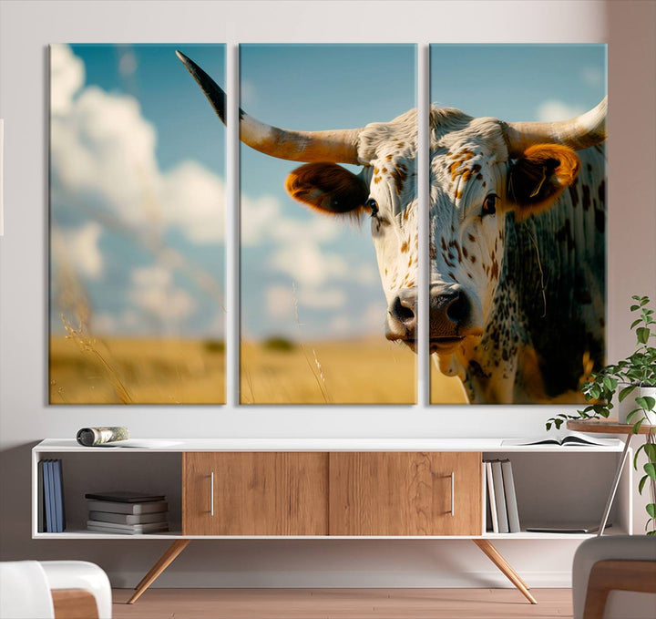 Texas Cow Longhorn Wall Art Canvas Print for Farm House Wall Decor, Farmhouse Wall Art Print