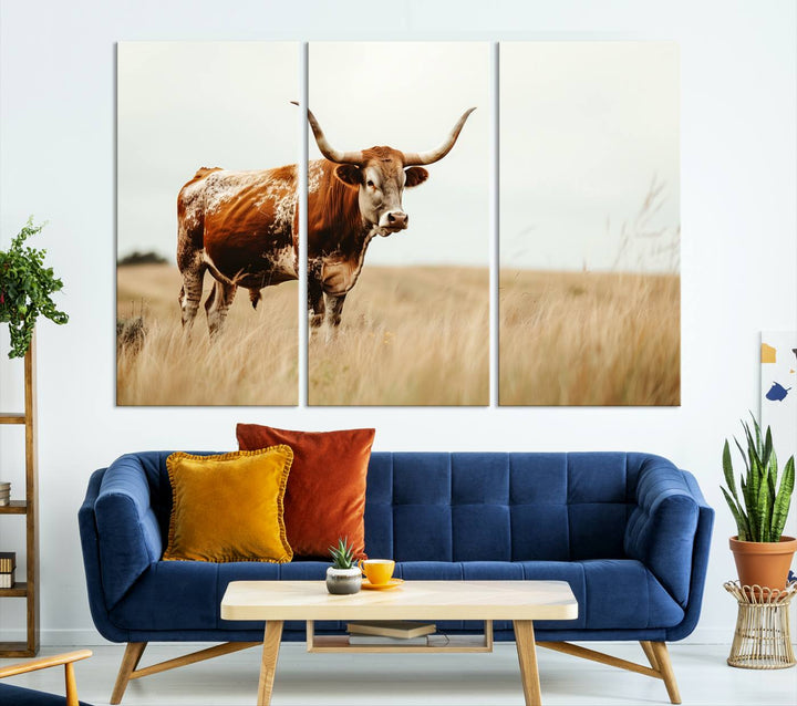 Texas Cow Longhorn Wall Art Canvas Print for Farm House Wall Decor, Farmhouse Wall Art Print