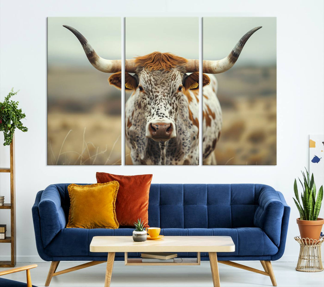 Texas Cow Longhorn Wall Art Canvas Print for Farm House Wall Decor, Farmhouse Wall Art Print