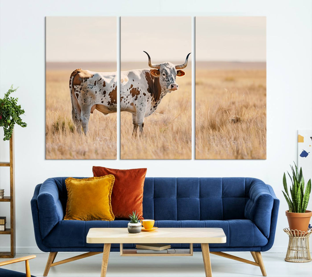 Texas Cow Longhorn Wall Art Canvas Print for Farm House Wall Decor, Farmhouse Wall Art Print