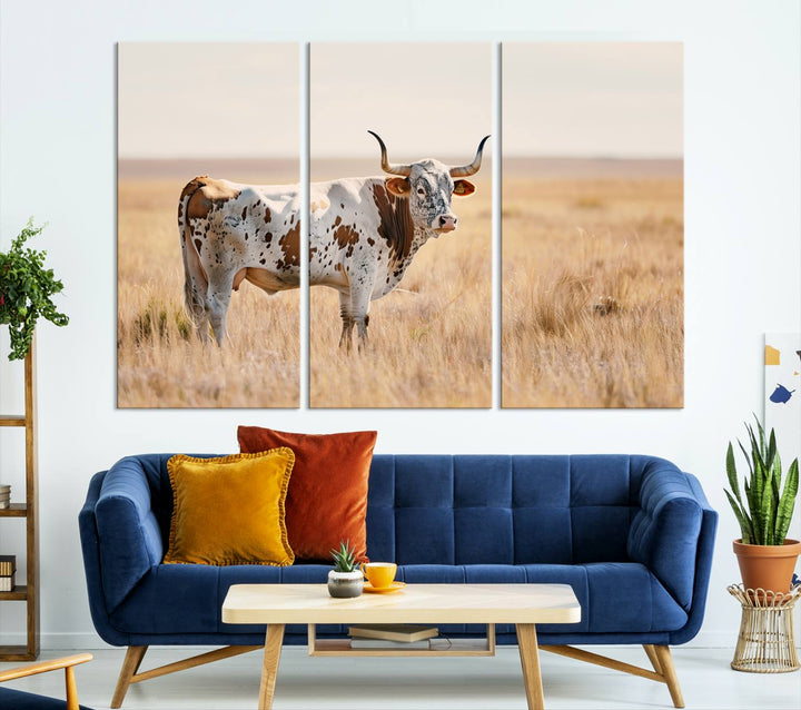 Texas Cow Longhorn Wall Art Canvas Print for Farm House Wall Decor, Farmhouse Wall Art Print