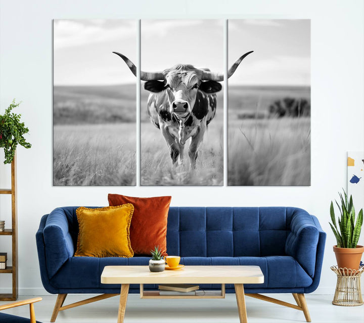 Texas Cow Longhorn Wall Art Canvas Print for Farm House Wall Decor, Farmhouse Wall Art Print