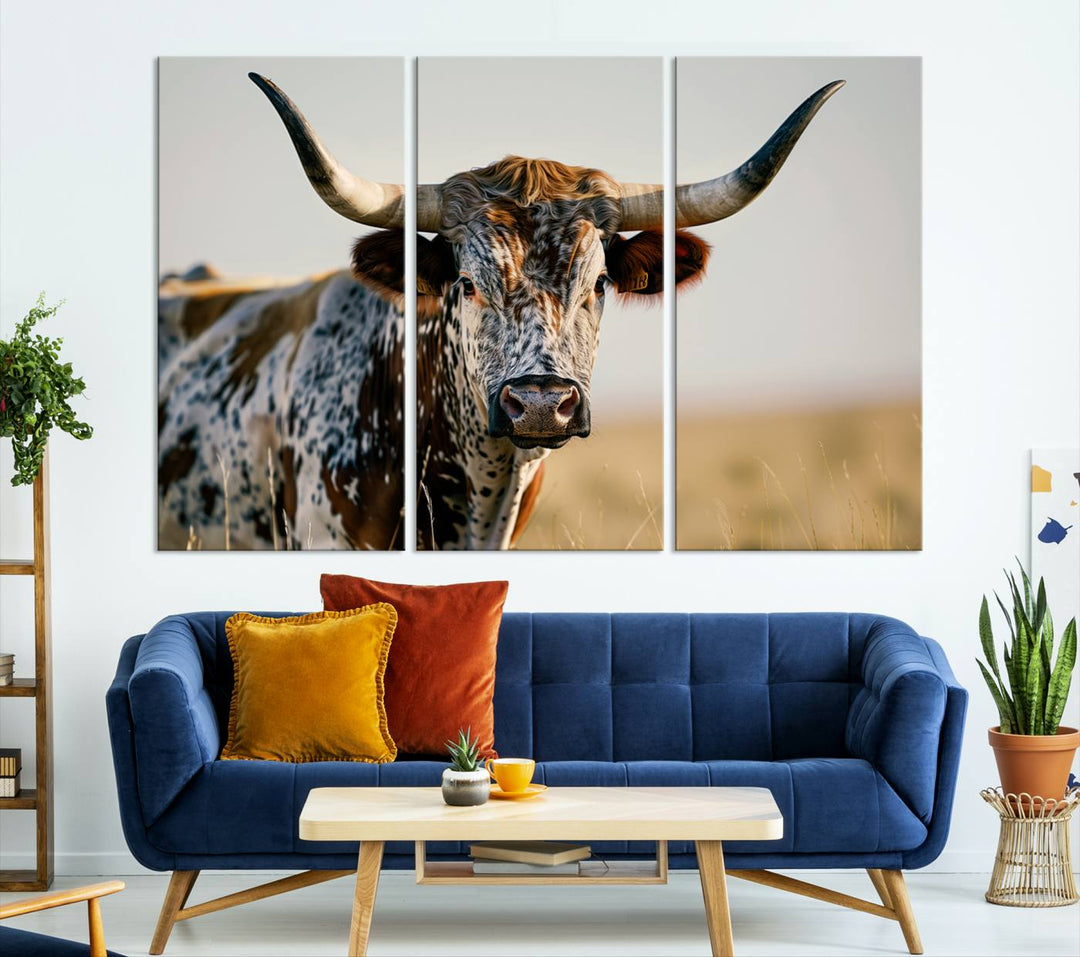 Texas Cow Longhorn Wall Art Canvas Print for Farm House Wall Decor, Farmhouse Wall Art Print