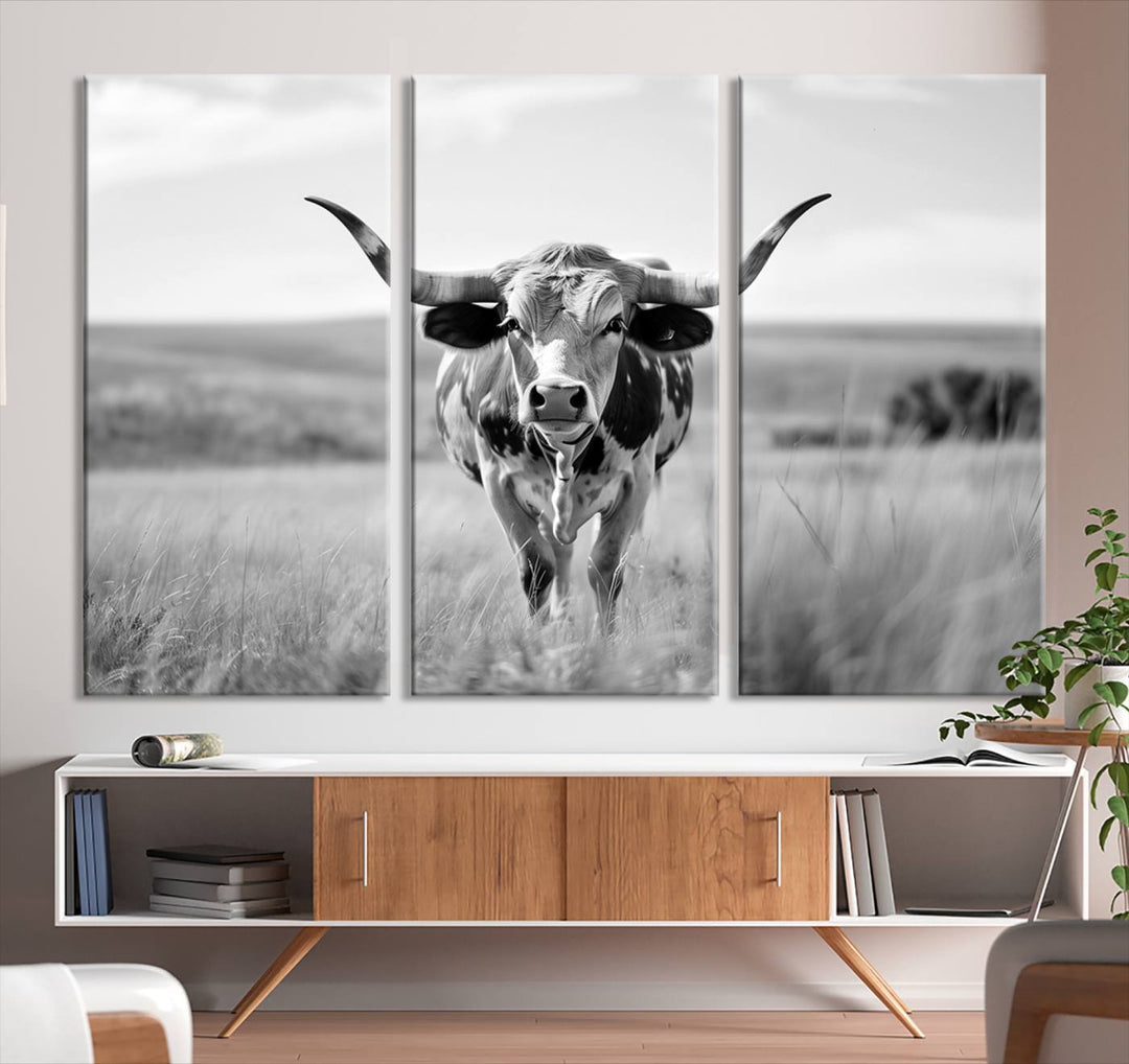 Texas Cow Longhorn Wall Art Canvas Print for Farm House Wall Decor, Farmhouse Wall Art Print