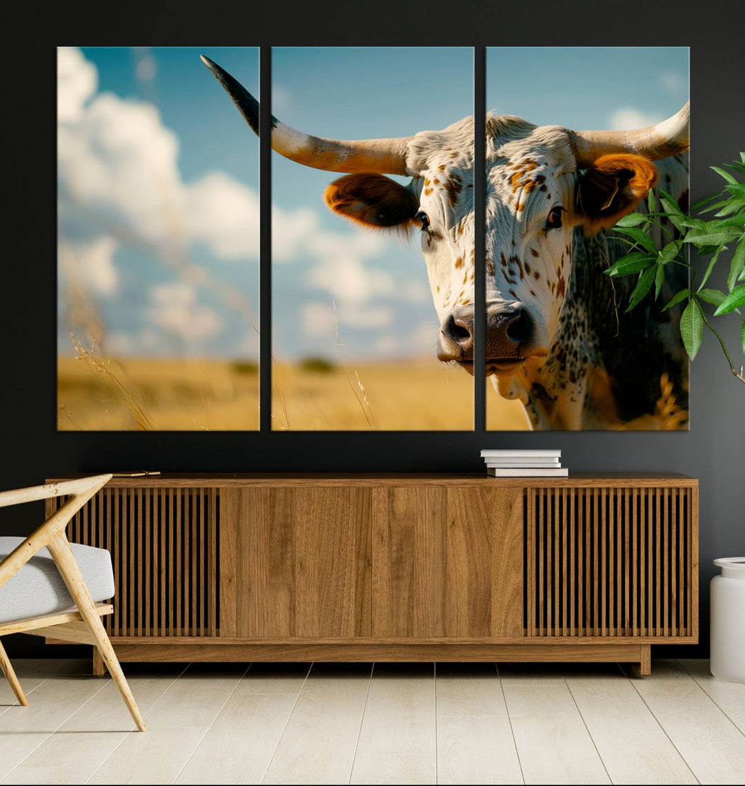 Texas Cow Longhorn Wall Art Canvas Print for Farm House Wall Decor, Farmhouse Wall Art Print