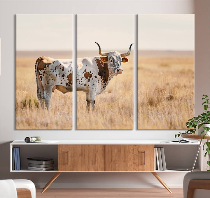 Texas Cow Longhorn Wall Art Canvas Print for Farm House Wall Decor, Farmhouse Wall Art Print