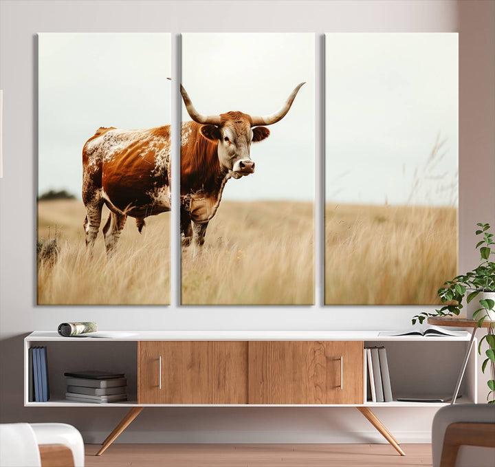 Texas Cow Longhorn Wall Art Canvas Print for Farm House Wall Decor, Farmhouse Wall Art Print