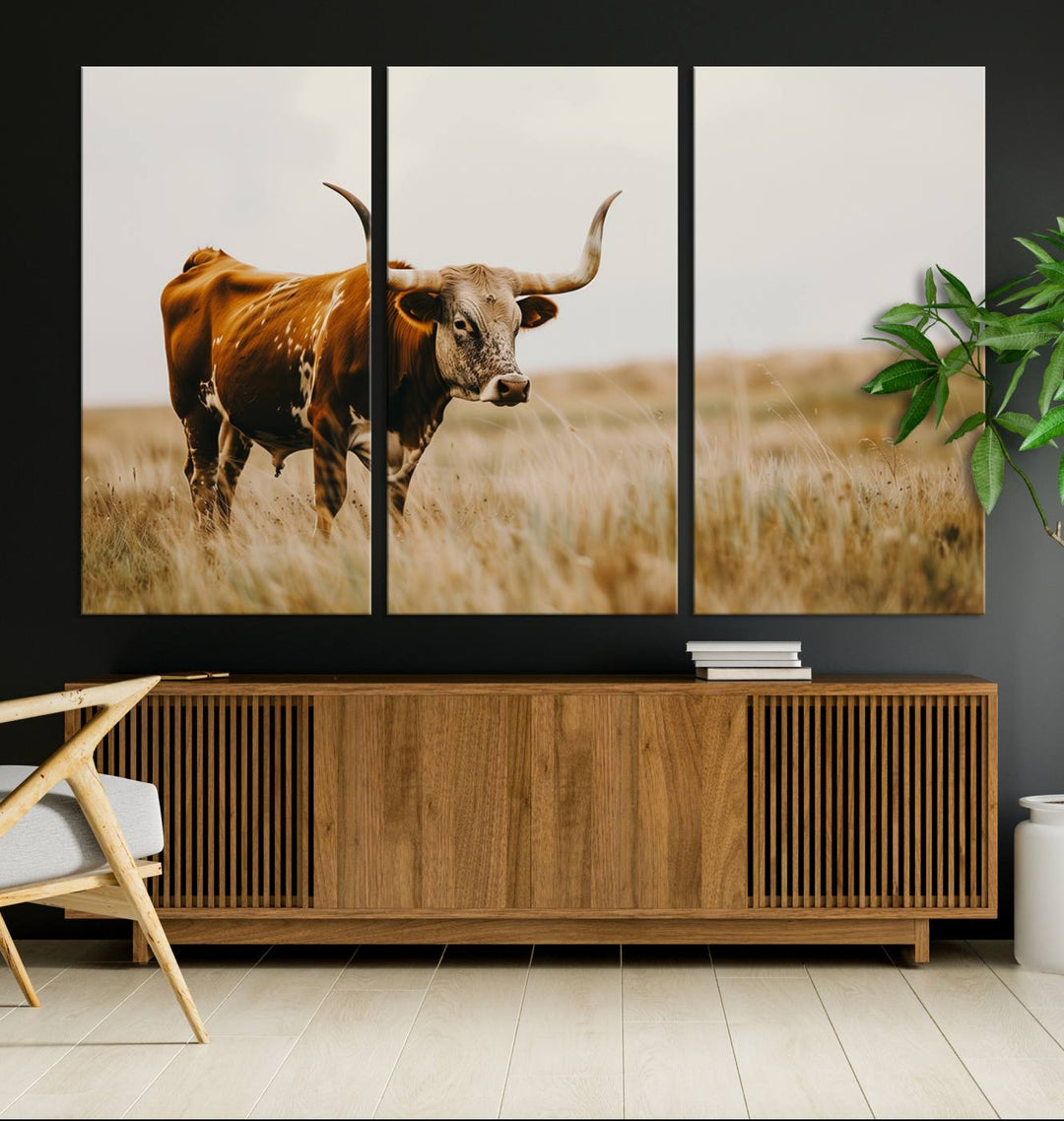 Texas Cow Longhorn Wall Art Canvas Print for Farm House Wall Decor, Farmhouse Wall Art Print