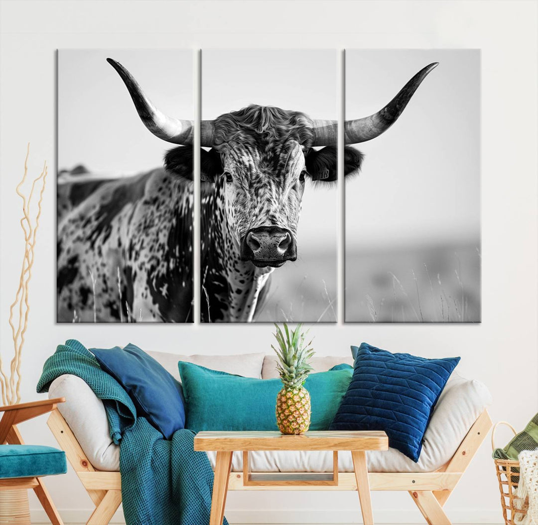 Texas Cow Longhorn Wall Art Canvas Print for Farm House Wall Decor, Farmhouse Wall Art Print