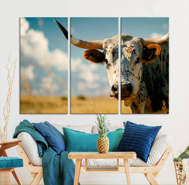 Texas Cow Longhorn Wall Art Canvas Print for Farm House Wall Decor, Farmhouse Wall Art Print