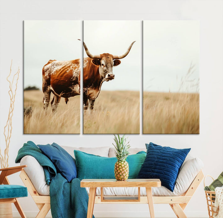 Texas Cow Longhorn Wall Art Canvas Print for Farm House Wall Decor, Farmhouse Wall Art Print