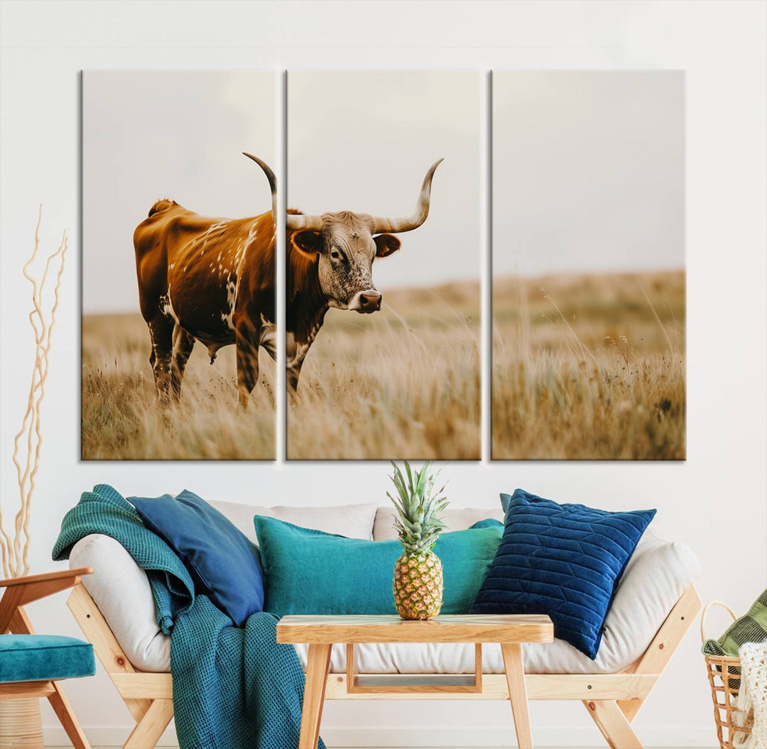 Texas Cow Longhorn Wall Art Canvas Print for Farm House Wall Decor, Farmhouse Wall Art Print