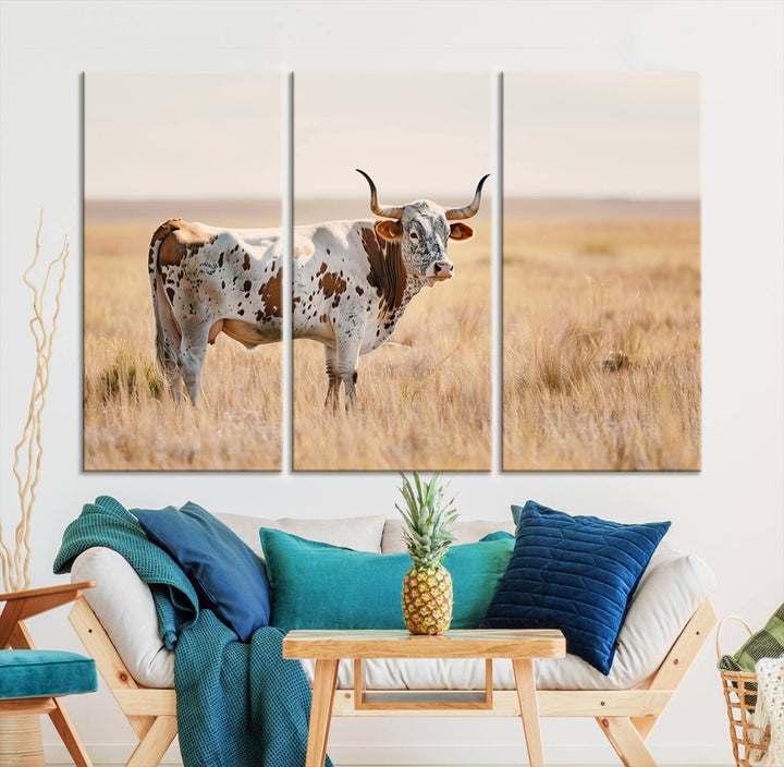 Texas Cow Longhorn Wall Art Canvas Print for Farm House Wall Decor, Farmhouse Wall Art Print