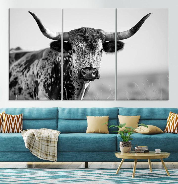 Texas Cow Longhorn Wall Art Canvas Print for Farm House Wall Decor, Farmhouse Wall Art Print