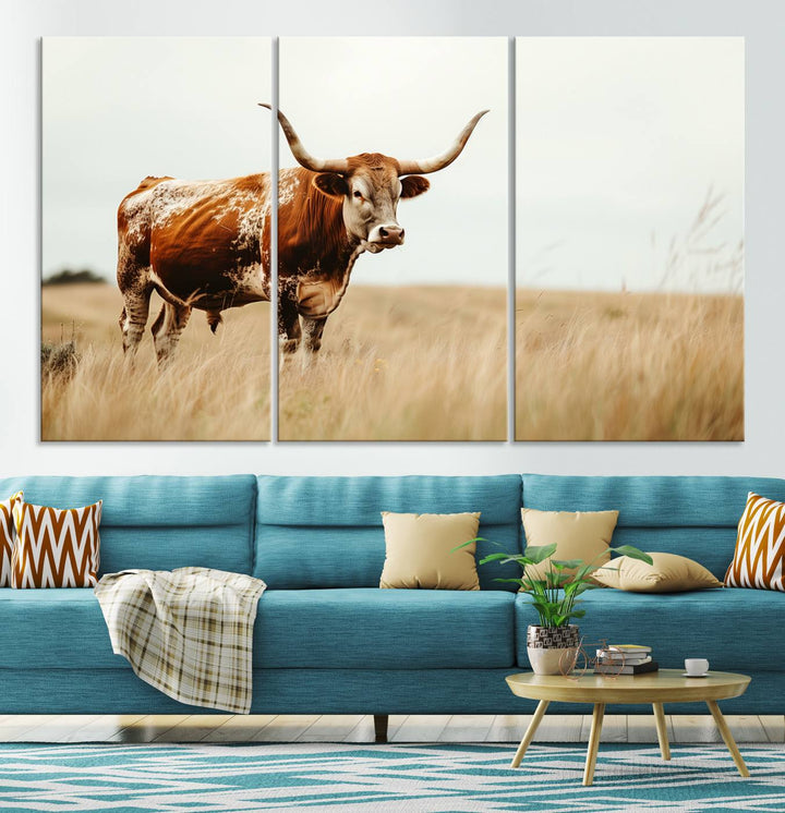 Texas Cow Longhorn Wall Art Canvas Print for Farm House Wall Decor, Farmhouse Wall Art Print