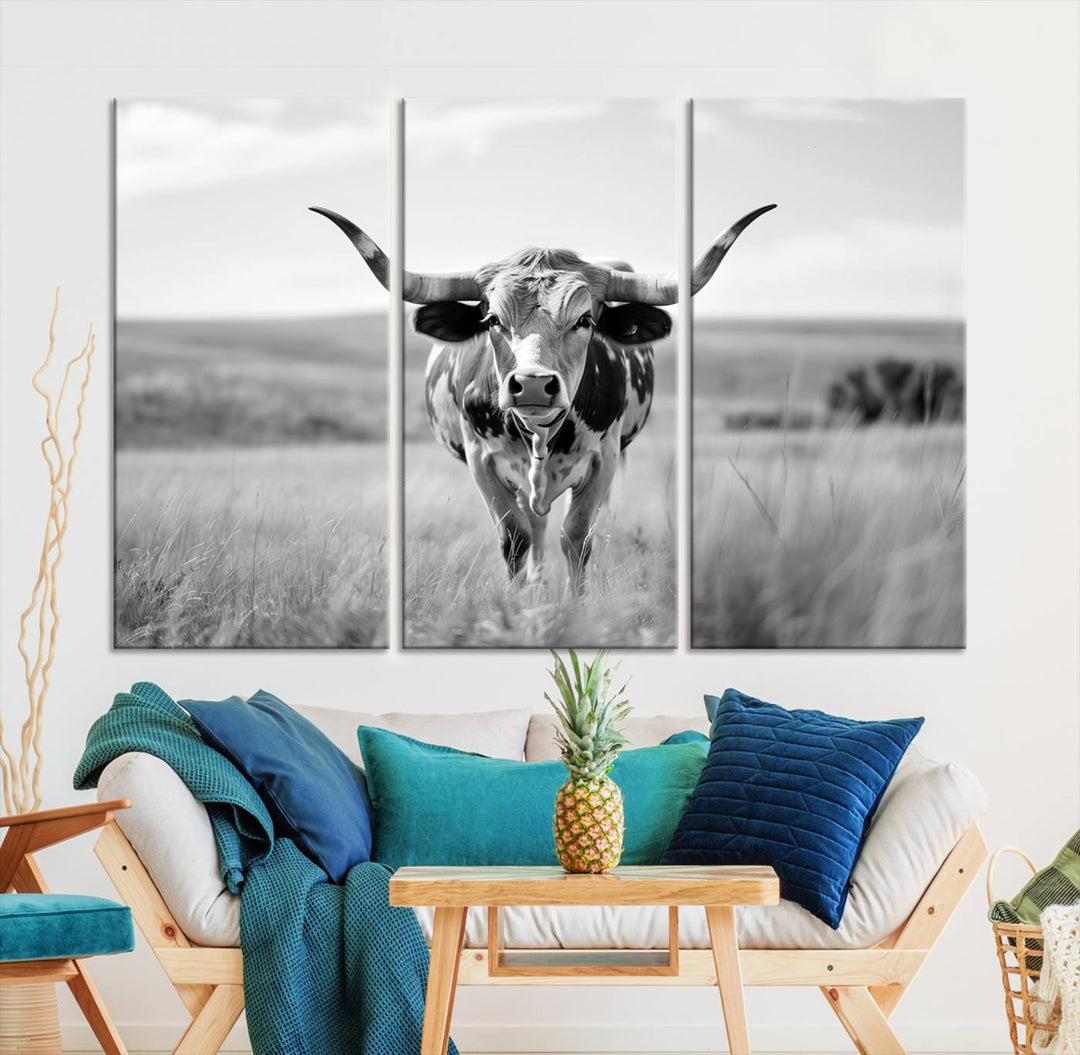 Texas Cow Longhorn Wall Art Canvas Print for Farm House Wall Decor, Farmhouse Wall Art Print