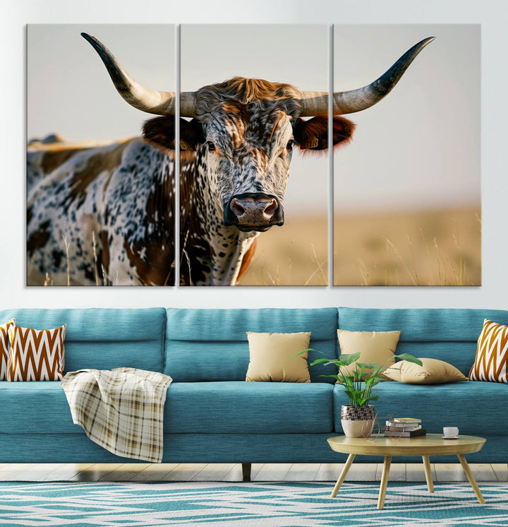 Texas Cow Longhorn Wall Art Canvas Print for Farm House Wall Decor, Farmhouse Wall Art Print