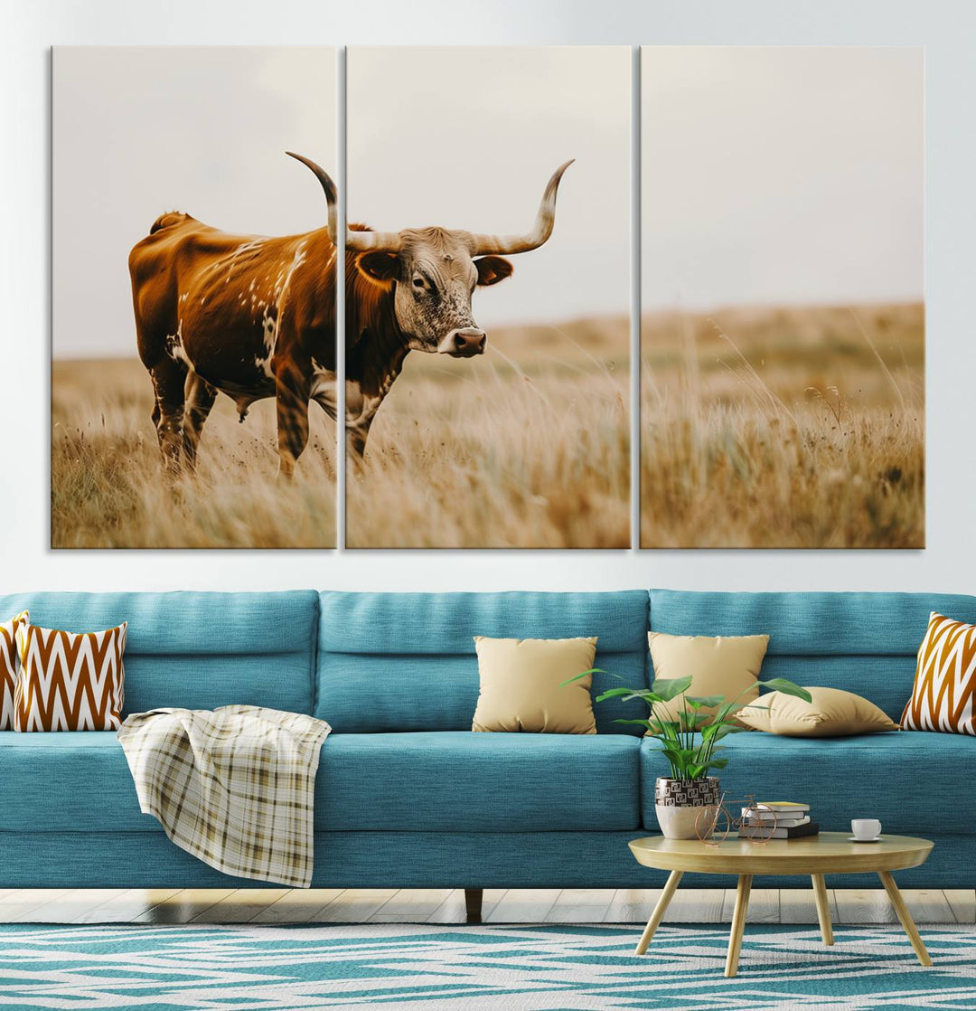 Texas Cow Longhorn Wall Art Canvas Print for Farm House Wall Decor, Farmhouse Wall Art Print