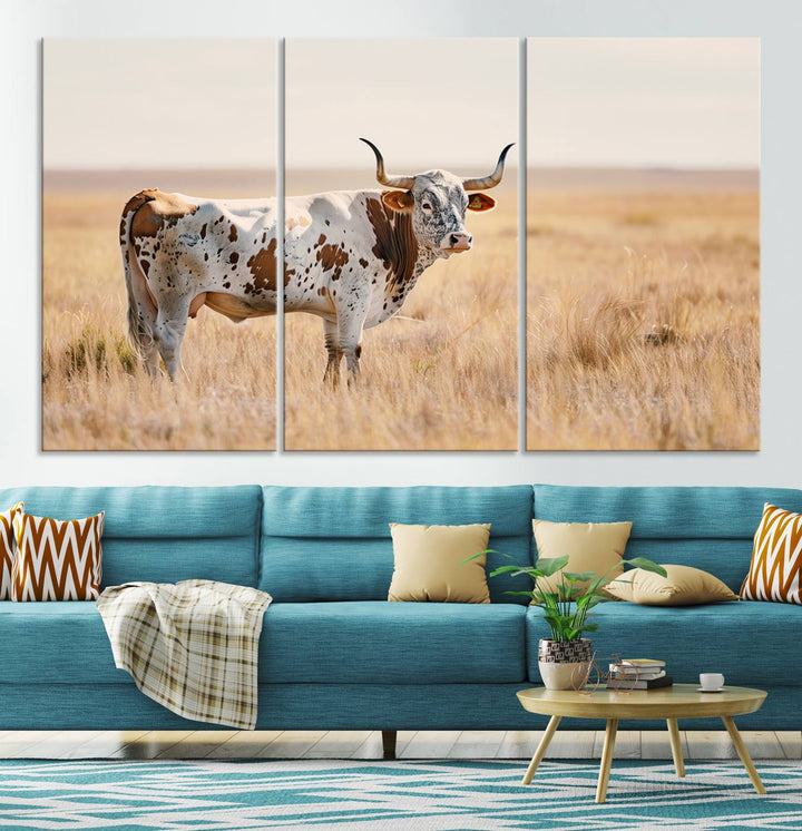 Texas Cow Longhorn Wall Art Canvas Print for Farm House Wall Decor, Farmhouse Wall Art Print