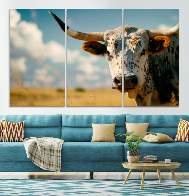 Texas Cow Longhorn Wall Art Canvas Print for Farm House Wall Decor, Farmhouse Wall Art Print