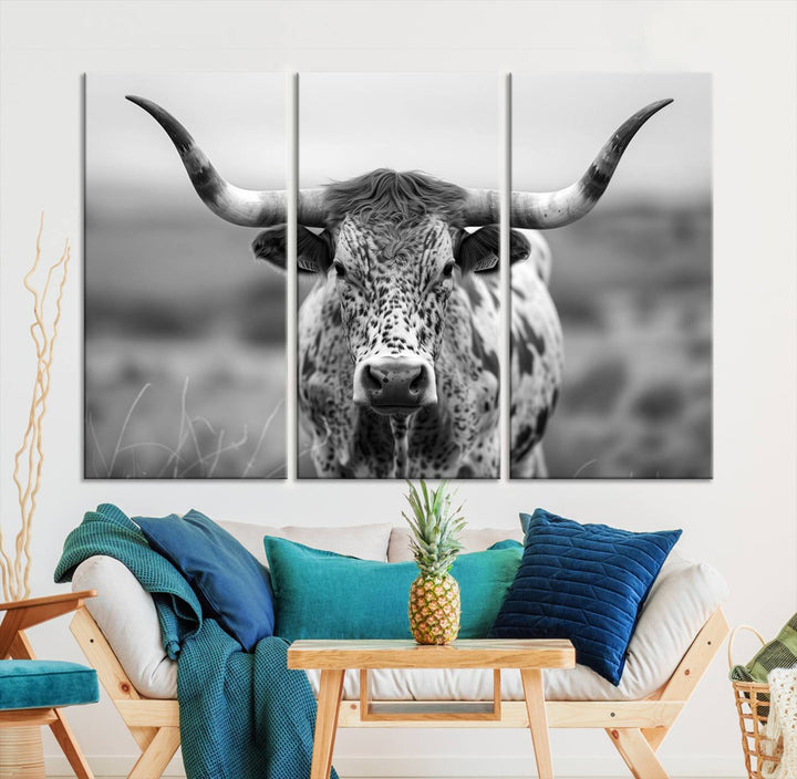 Texas Cow Longhorn Wall Art Canvas Print for Farm House Wall Decor, Farmhouse Wall Art Print