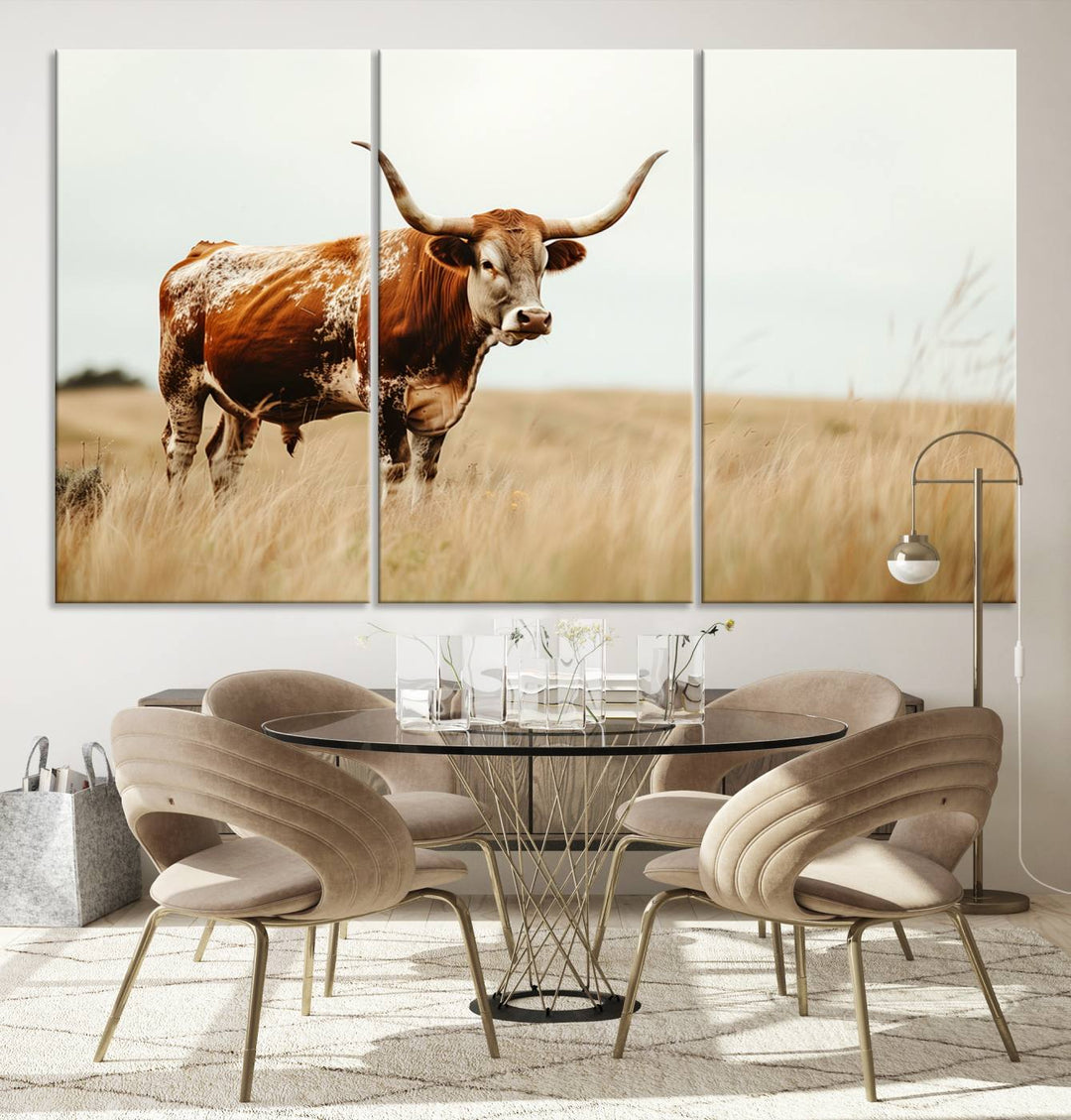 Texas Cow Longhorn Wall Art Canvas Print for Farm House Wall Decor, Farmhouse Wall Art Print