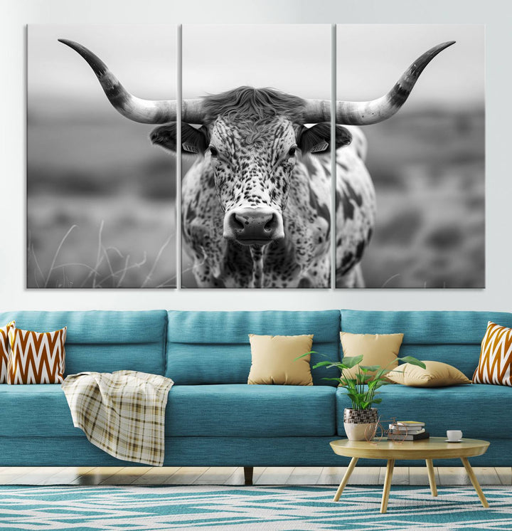 Texas Cow Longhorn Wall Art Canvas Print for Farm House Wall Decor, Farmhouse Wall Art Print