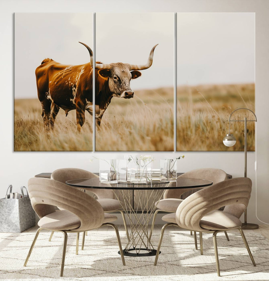 Texas Cow Longhorn Wall Art Canvas Print for Farm House Wall Decor, Farmhouse Wall Art Print