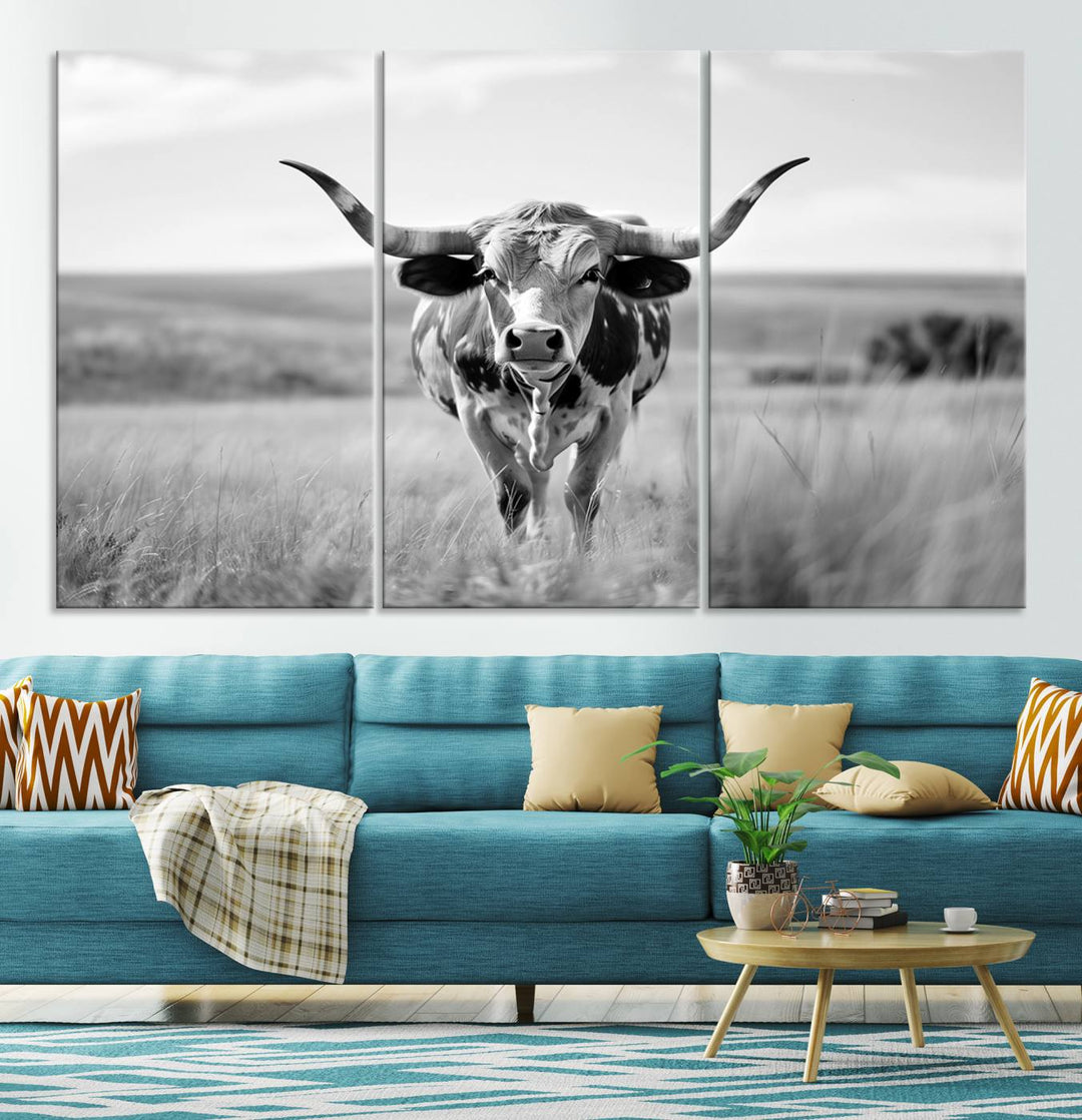 Texas Cow Longhorn Wall Art Canvas Print for Farm House Wall Decor, Farmhouse Wall Art Print