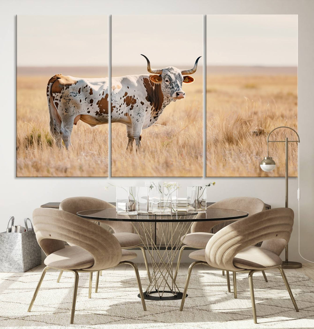 Texas Cow Longhorn Wall Art Canvas Print for Farm House Wall Decor, Farmhouse Wall Art Print