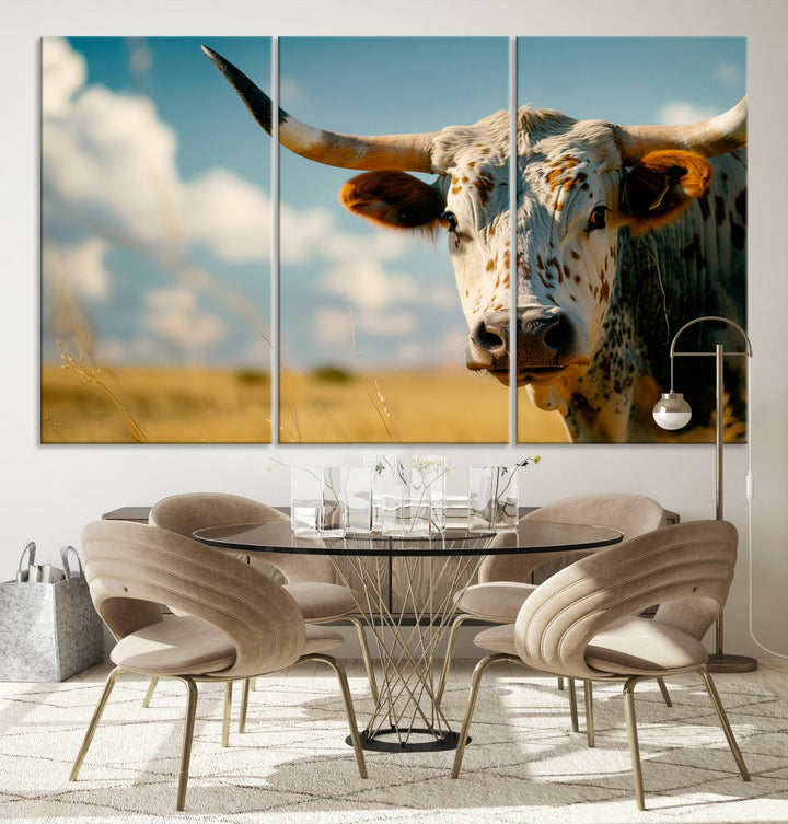 Texas Cow Longhorn Wall Art Canvas Print for Farm House Wall Decor, Farmhouse Wall Art Print