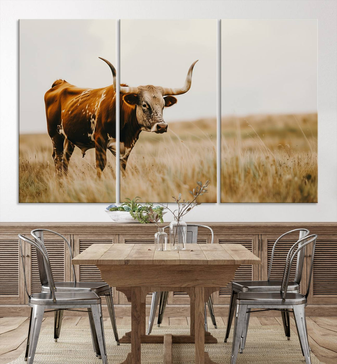 Texas Cow Longhorn Wall Art Canvas Print for Farm House Wall Decor, Farmhouse Wall Art Print