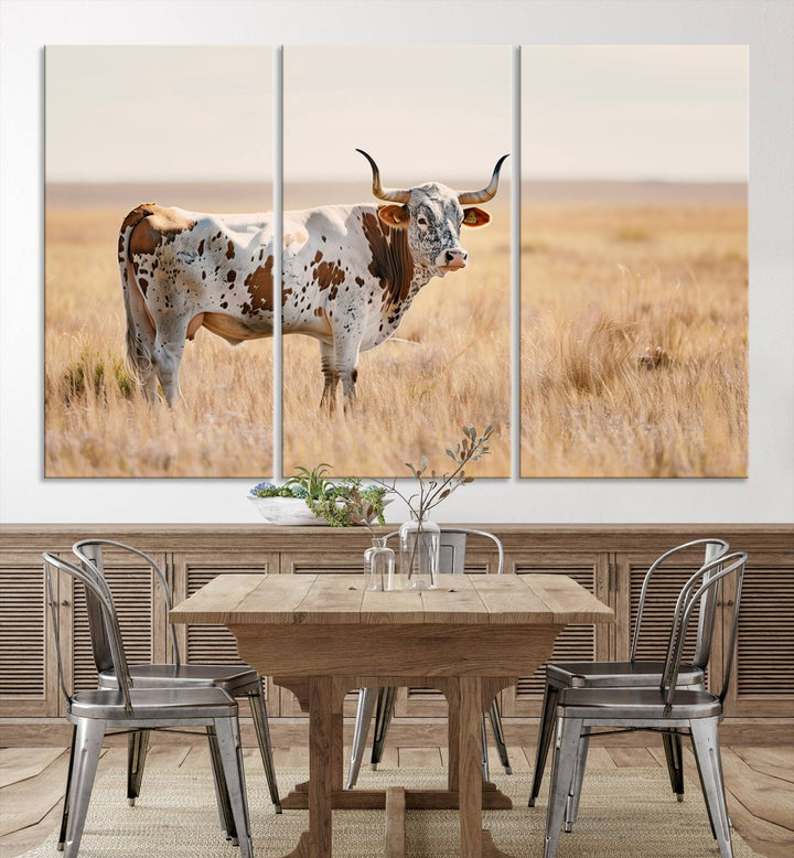 Texas Cow Longhorn Wall Art Canvas Print for Farm House Wall Decor, Farmhouse Wall Art Print