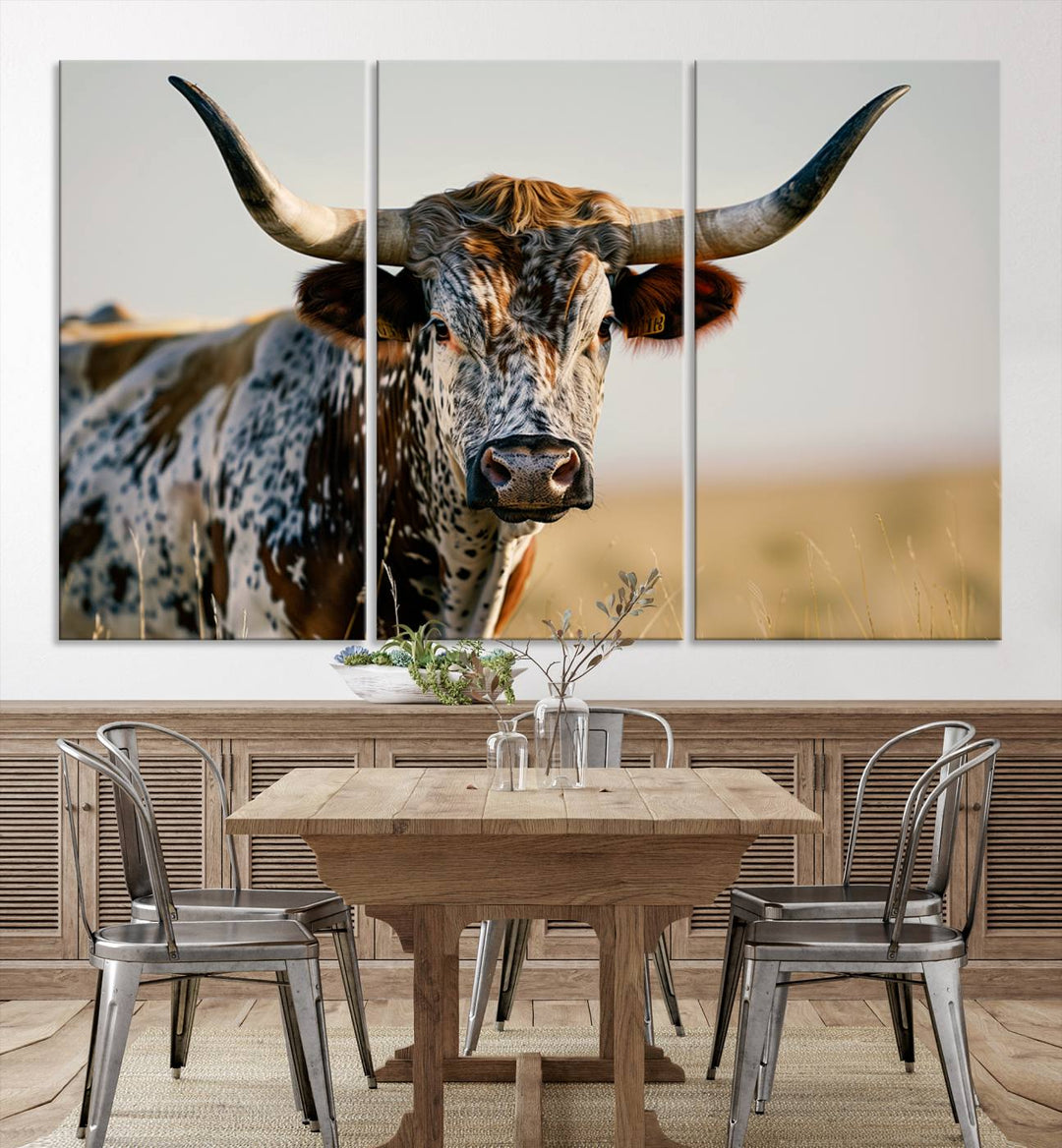 Texas Cow Longhorn Wall Art Canvas Print for Farm House Wall Decor, Farmhouse Wall Art Print