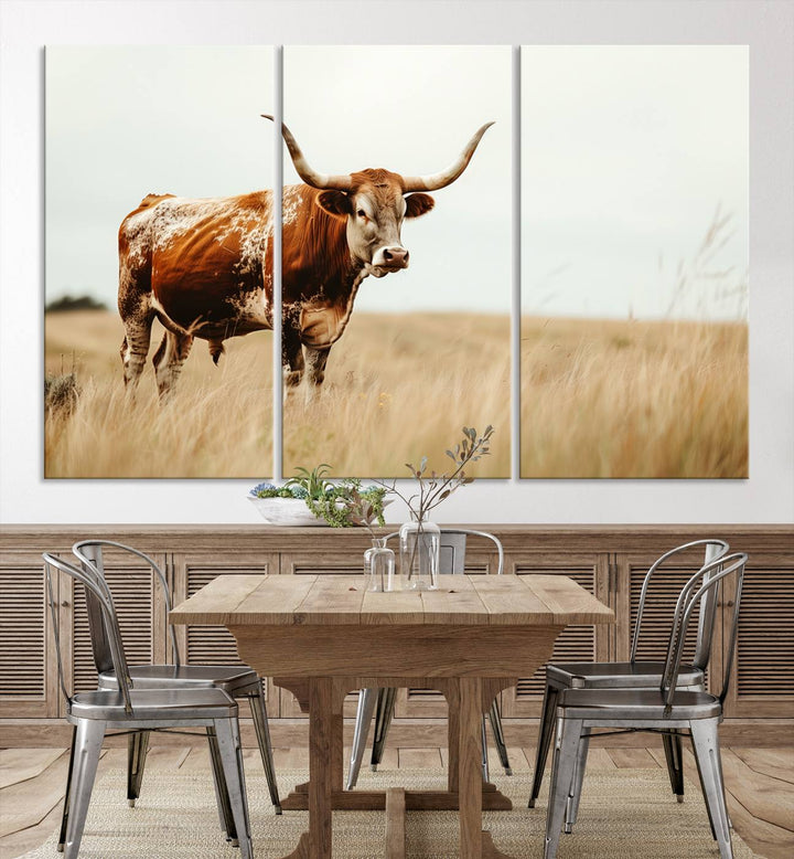 Texas Cow Longhorn Wall Art Canvas Print for Farm House Wall Decor, Farmhouse Wall Art Print