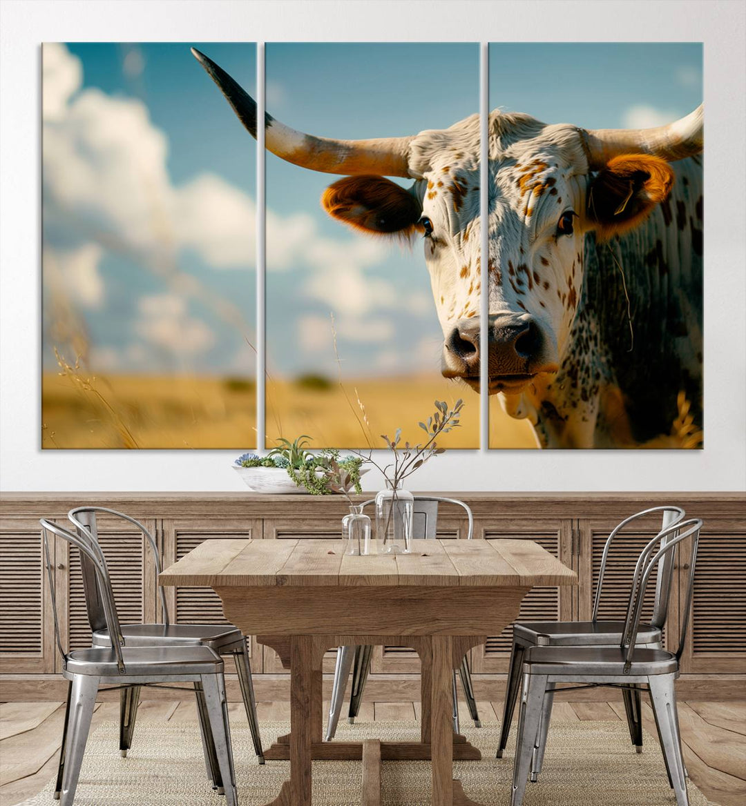 Texas Cow Longhorn Wall Art Canvas Print for Farm House Wall Decor, Farmhouse Wall Art Print