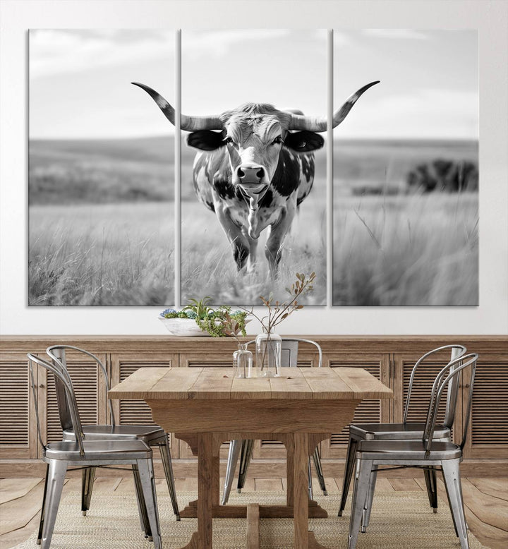 Texas Cow Longhorn Wall Art Canvas Print for Farm House Wall Decor, Farmhouse Wall Art Print