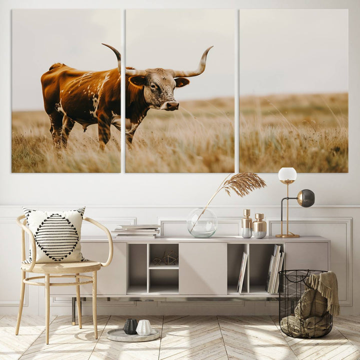 Texas Cow Longhorn Wall Art Canvas Print for Farm House Wall Decor, Farmhouse Wall Art Print